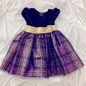 Purple plaid organza overlay holiday dress with gold rossette